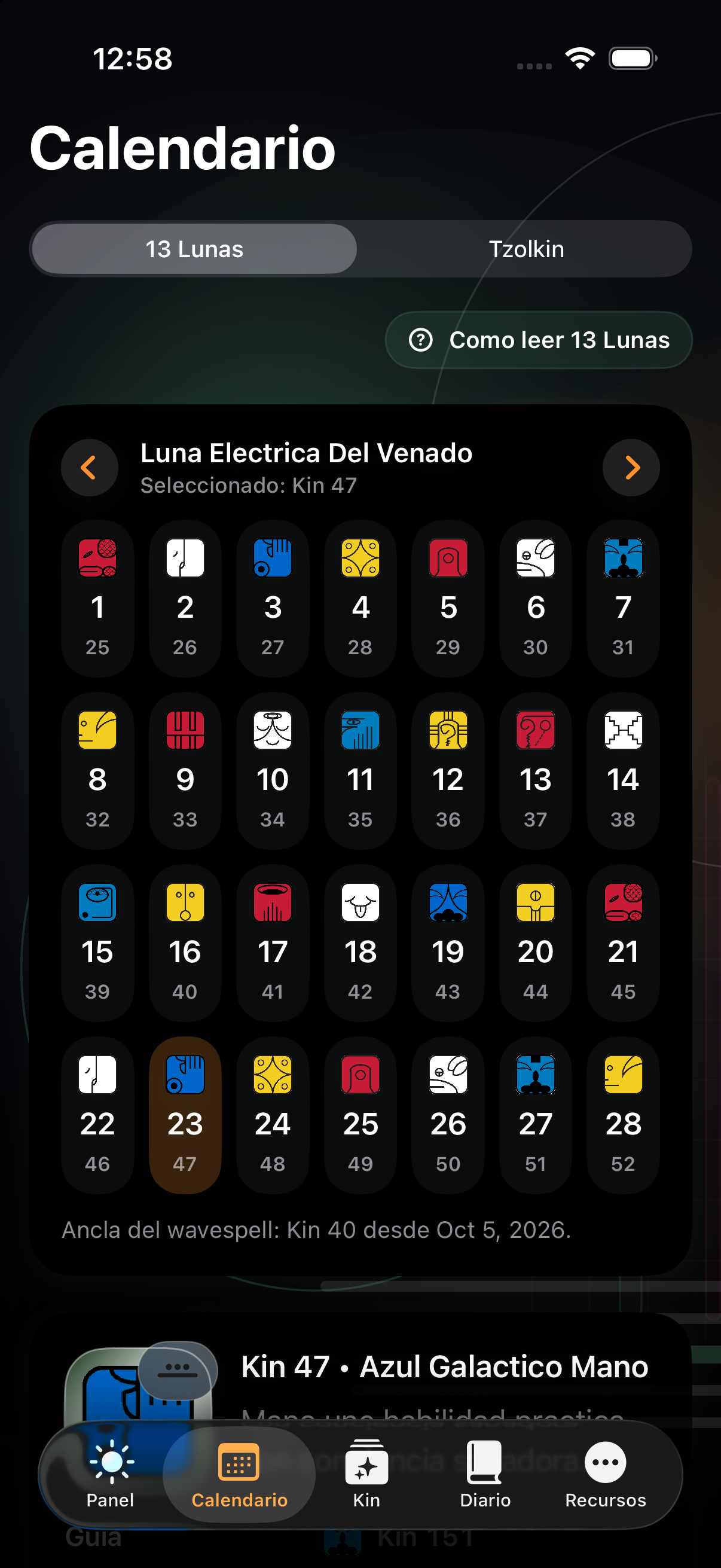 Vista previa de Calendario en español, capturada en el simulador local