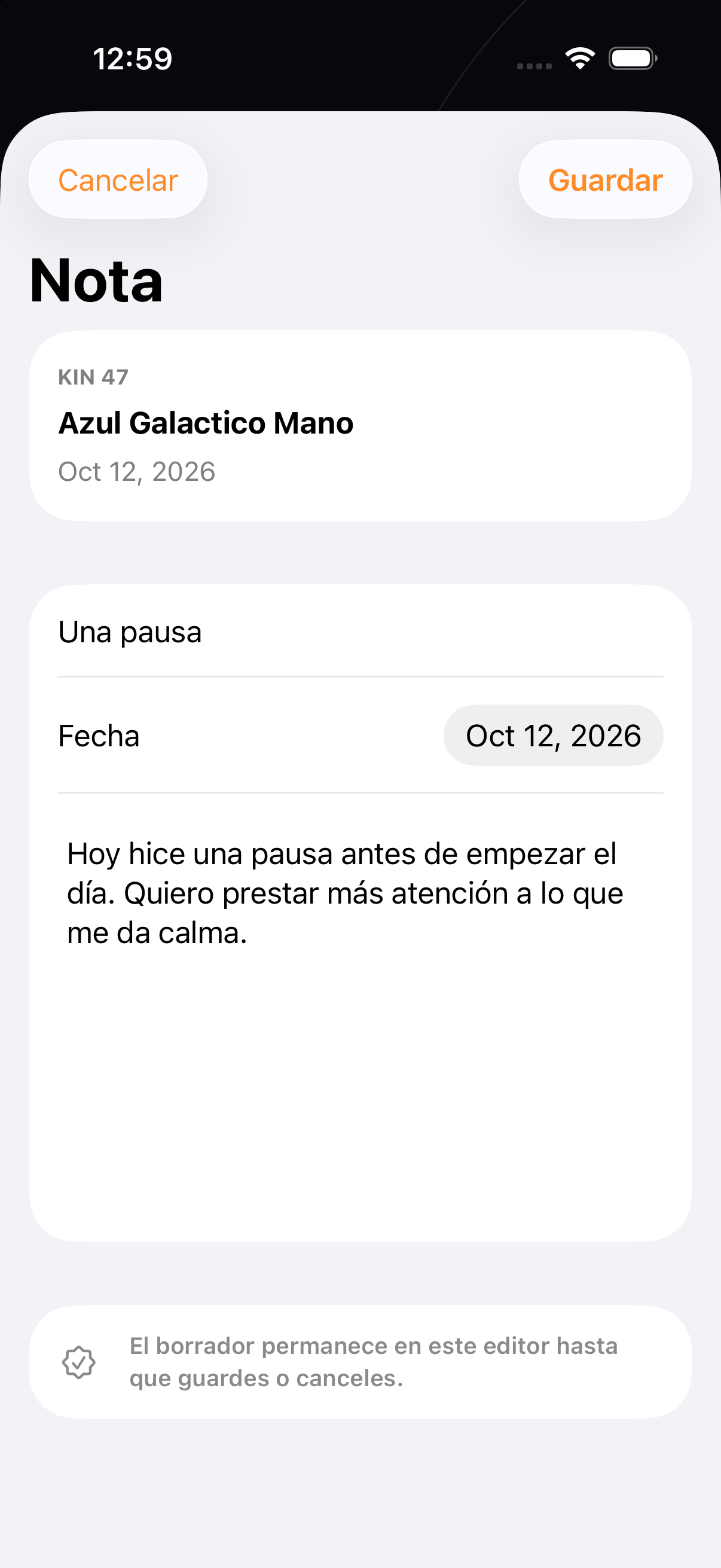 Vista previa de Diario en español, capturada en el simulador local