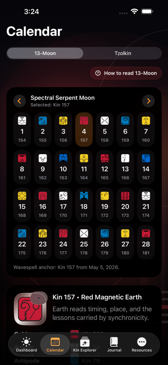 Dreamspell calendar view in dark mode showing the 13 Moon month grid and kin dates.