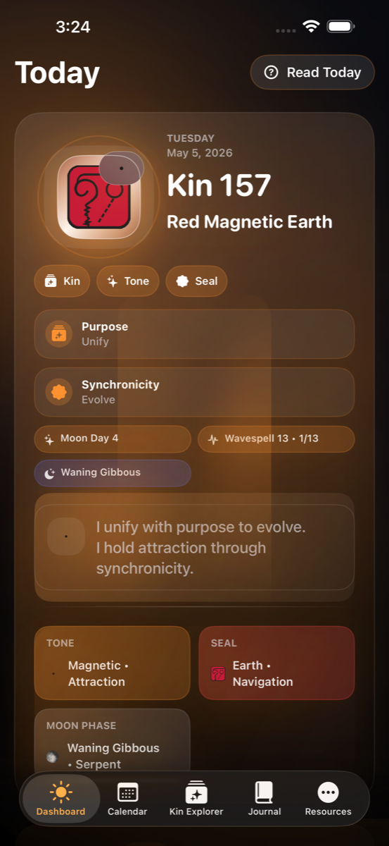 Dreamspell dashboard showing today's kin, the Gregorian date, and the monthly calendar in dark mode.