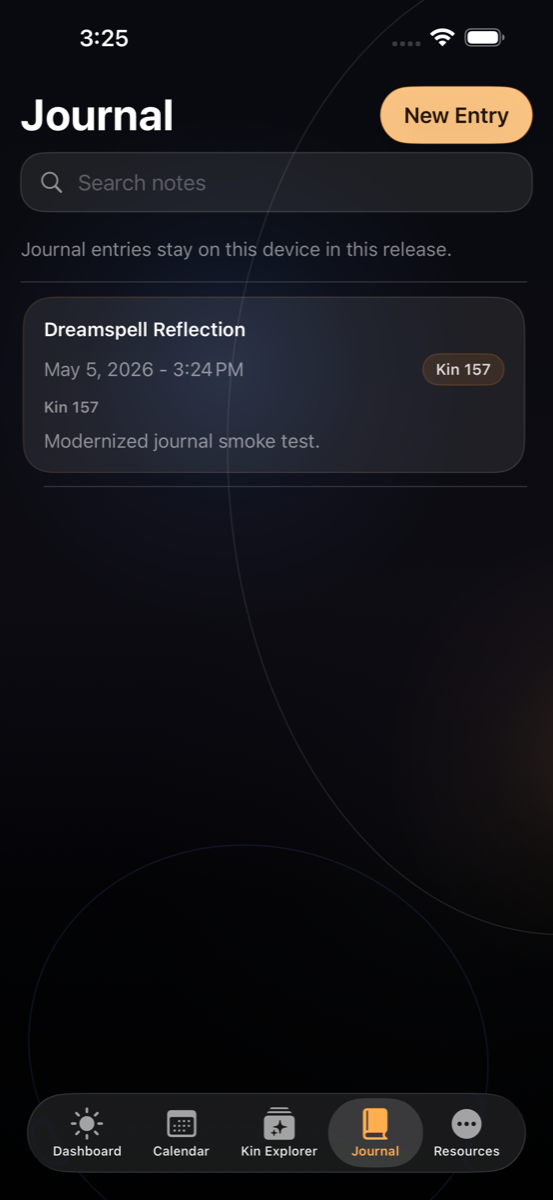 Dreamspell Journal screen in dark mode with local reflection entries.